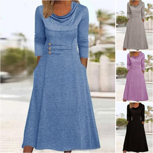 🔥【Vânzare fierbinte】【S-3XL】2025 rochie nouă cu gât rotund de culoare solidă, cu buzunare-3867024