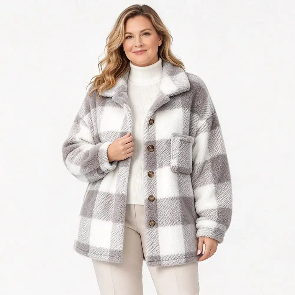 🧥【S-5XL】Ženski plišani karirani kaput, debeli materijal od umjetnog krzna, široki kroj, topla jesensko/zimska jakna🥰
