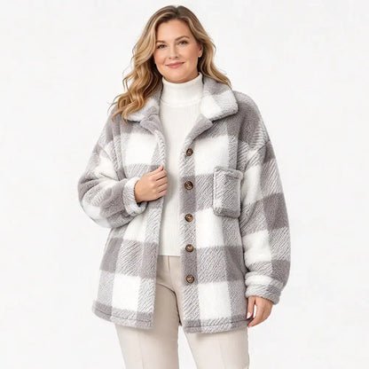 🧥【S-5XL】Ženski plišani karirani kaput, debeli materijal od umjetnog krzna, široki kroj, topla jesensko/zimska jakna🥰