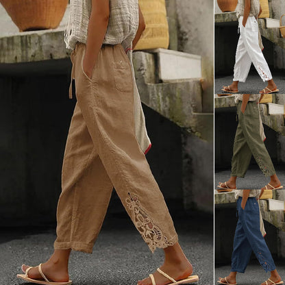 【Novi artikli s 50% popusta】👖✨ Ženske hlače ravnog kroja od pamuka i lana s detaljima od čipke i podesivim vezicom.