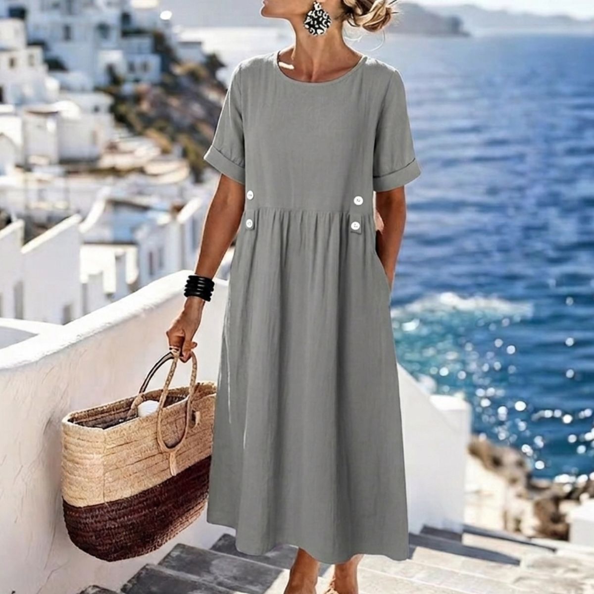 💥⏳【Zadnja 3 dana, 50% popusta】👗【M-3XL】Nova pamučno-lanena haljina s okruglim izrezom, prozračna i udobna, stagnira i laska.