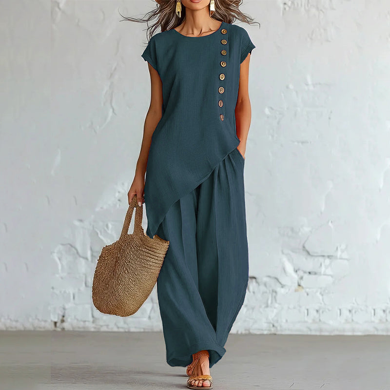 ✨Ležeran ljetni set s asimetričnim dizajnom i bočnim gumbima, topom bez rukava i širokim hlačama, boho-chic stil
