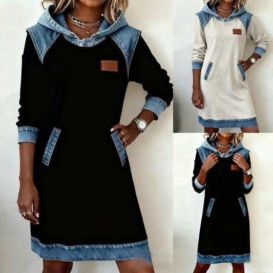 🔥【50% de descuento】🌷🌞Nuevo vestido de patchwork de moda de invierno con capucha de mezclilla 