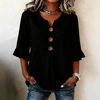 🌟🌟【S-3XL】Camiseta de mujer cómoda y transpirable con mangas abullonadas y diseño de cuello en V con botones.