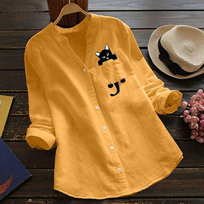 ✨🔥【Nou de primăvară】【S-3XL】 Cămașă din bumbac cu decolteu în V, cu mânecă lungă, cu imprimeu de pisici, noua modă de primăvară 2025-