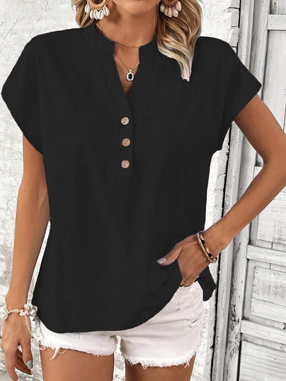 🎀💖【Novi dolasci 50% popusta samo 3 dana】👚2026 Nova ženska ležerna košulja kratkih rukava s V-izrezom i kopčanjem na gumbe, pamučno-lanenasti gornji dio u jednoj boji