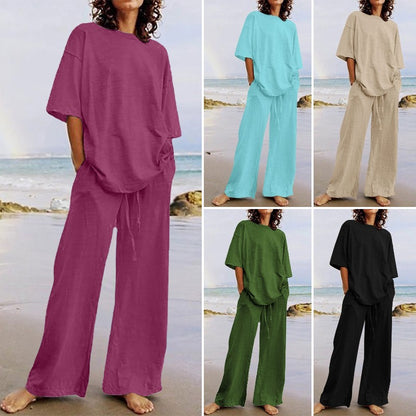 🔥🆒【S-5XL】haine la modă pentru femei din bumbac și in, din două piese, de culoare uni