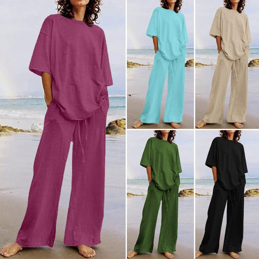 🔥🆒【S-5XL】haine la modă pentru femei din bumbac și in, din două piese, de culoare uni