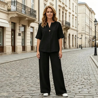 🔥【50% popusta】🔥 Ležeran i elegantan ljetni set: Izrađen od prirodnih materijala, s modernim V-izrezom u kombinaciji s hlačama ravnog donjeg ruba