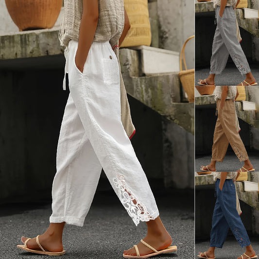 【Novi artikli s 50% popusta】👖✨ Ženske hlače ravnog kroja od pamuka i lana s detaljima od čipke i podesivim vezicom.