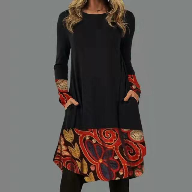 🔥✨【S-5XL】2024 rochie retro pentru femei la modă și elegantă în stil etnic, cusături cu imprimeuri multiple-3849019