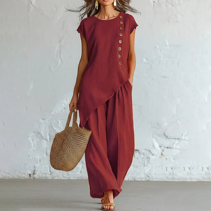 ✨Ležeran ljetni set s asimetričnim dizajnom i bočnim gumbima, topom bez rukava i širokim hlačama, boho-chic stil