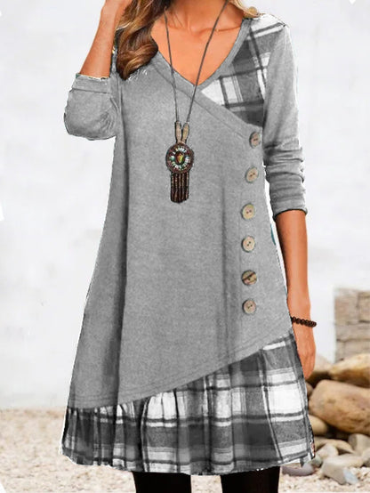 💟【Produse noi de toamnă】👗【S-3XL】 2025 rochie elegantă nouă, cu decolteu în V, în carouri, cu mâneci lungi 3905364
