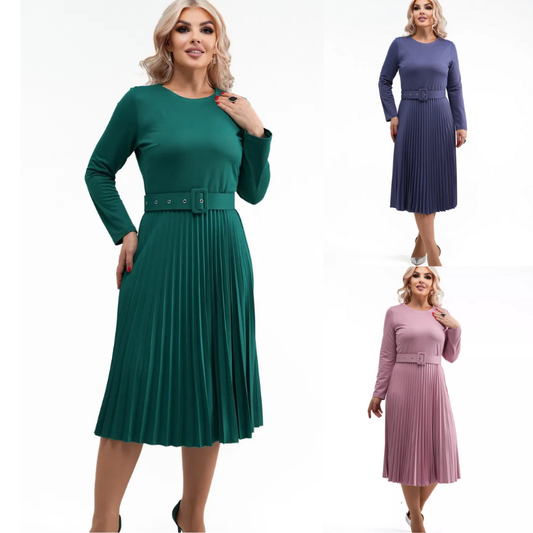 ✨【S-5XL】👗Toamna și iarna 2025, la modă nouă, elegantă, de înaltă calitate, rochie pliată de culoare solidă-3861079