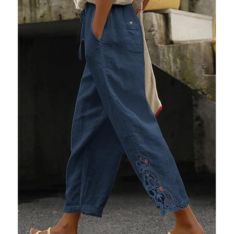 【Novi artikli s 50% popusta】👖✨ Ženske hlače ravnog kroja od pamuka i lana s detaljima od čipke i podesivim vezicom.