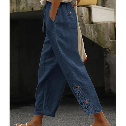 【Novi artikli s 50% popusta】👖✨ Ženske hlače ravnog kroja od pamuka i lana s detaljima od čipke i podesivim vezicom.