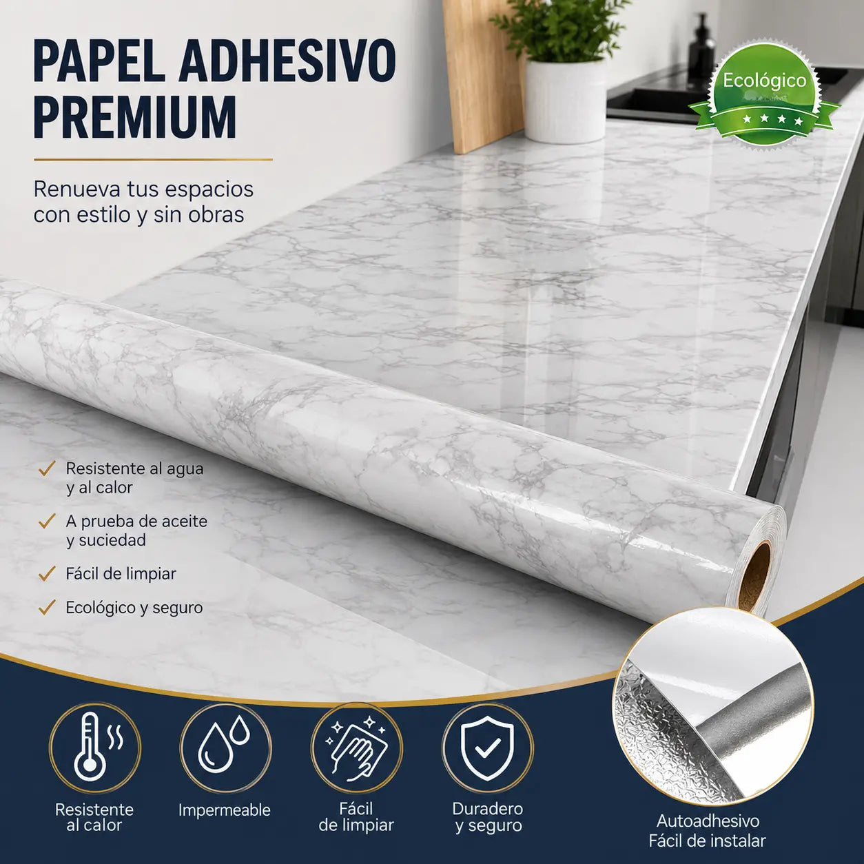 【60cm*5m】🛡️ Lámina Adhesiva de Aluminio Removible – Antigrasa, Resistente al Calor y Fácil de Limpiar