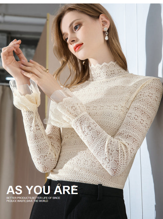 [S-3XL] Bluza dantelă iarna gât pe jumătate plus pluș îngroșat cald