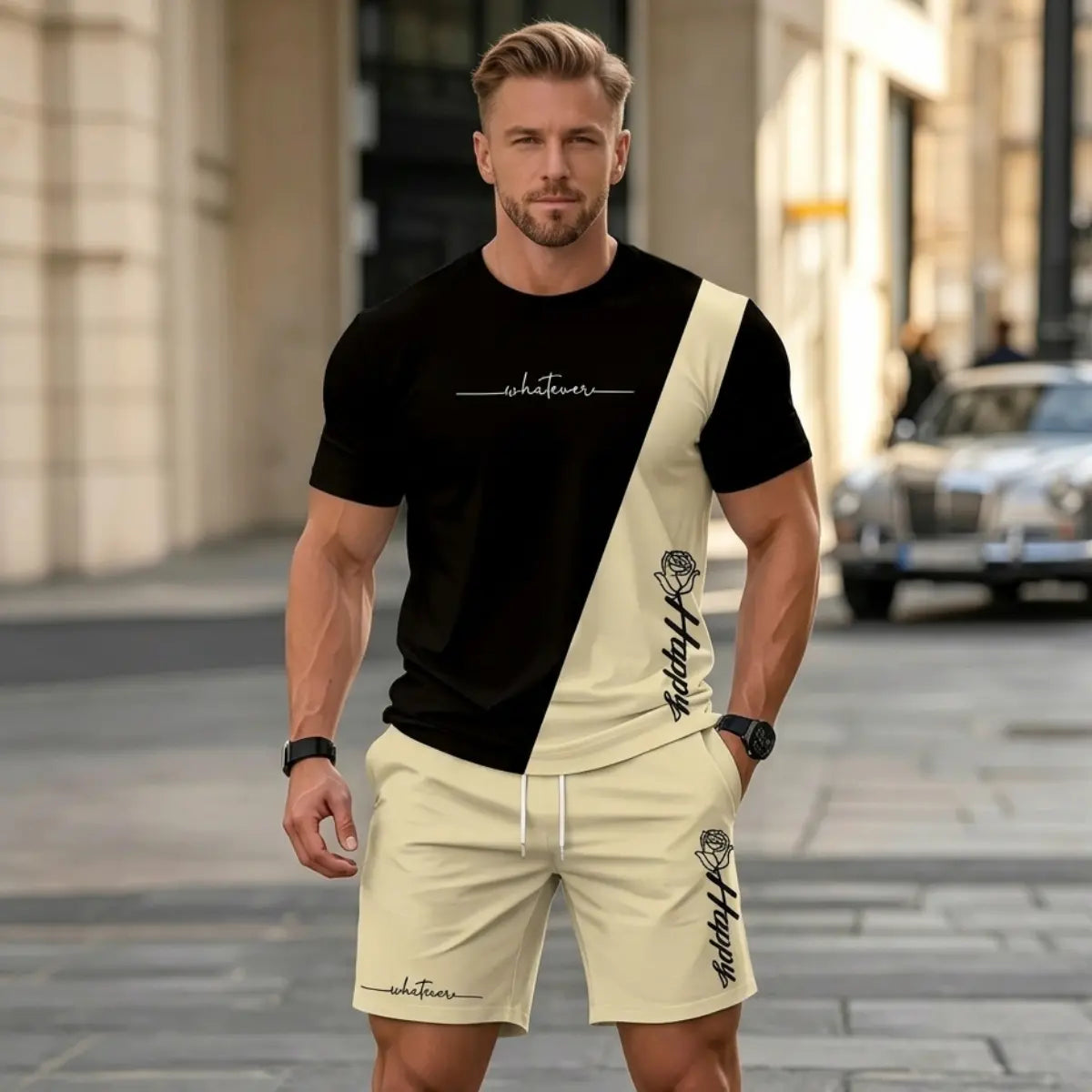 Conjunto deportivo de verano de 2 piezas para hombre: cómoda camiseta de manga corta y pantalones cortos para el día a día y para estar en casa.