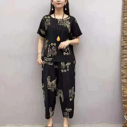 🔥【Top + Pantaloni】🔥Costum de femeie cu mânecă scurtă, stil nou 2025, lejer, pentru femei de vârstă mijlocie și în vârstă