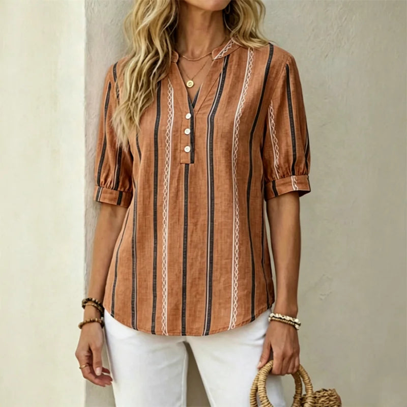 👚 【50% popusta na sezonske ponude】Ljetna prugasta bluza kratkih rukava od pamuka i lana od prozračnog materijala
