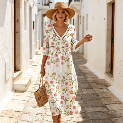 👗【S-3XL】Duga haljina od pamuka i lana s cvjetnim uzorkom u ljetnom stilu, V-izrez