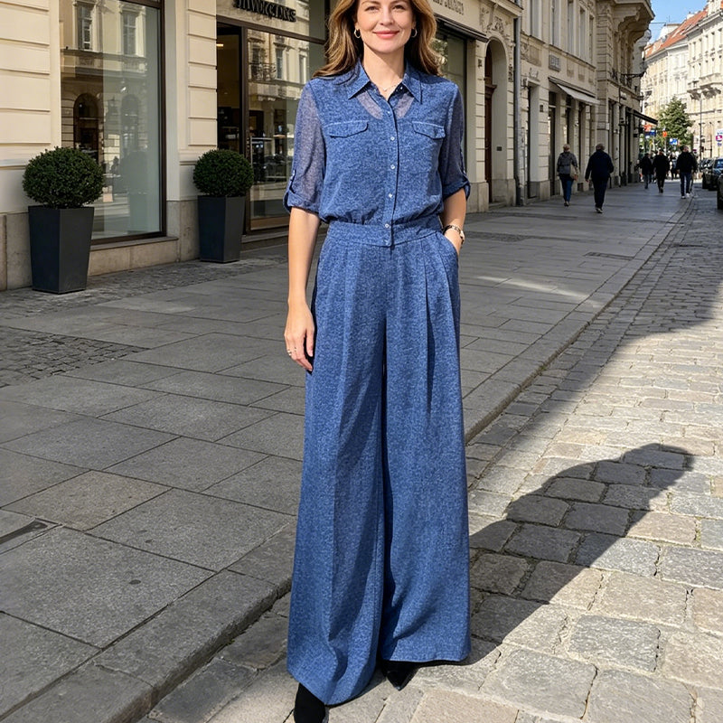 💕【Top s ovratnikom + hlače】Elegantni ženski set: košulja fine teksture i zvonaste hlače, sofisticirani stil, visoki struk