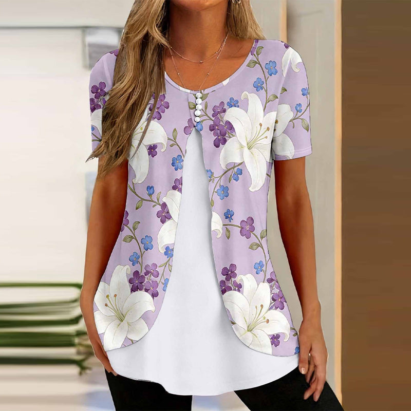 🌸【S-5XL】Elegantna bluza 2 u 1 s cvjetnim printom – široki kroj koji skriva trbuh i vitkije oblikuje figuru