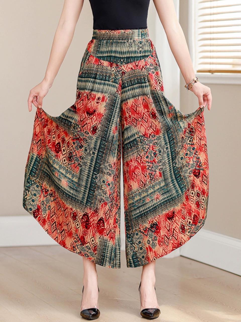 🔥【Fusta de înaltă calitate】【40-120kg】🌻vara noua marime mare imprimata talie inalta pantaloni largi cu picioare late
