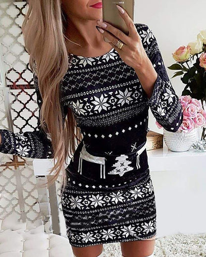 🎅👗【S-5XL】2025 Jesienne i zimowe sukienki świąteczne z długim rękawem z nadrukiem