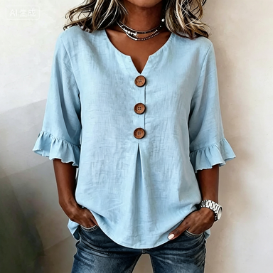 🌟🌟【S-3XL】Camiseta de mujer cómoda y transpirable con mangas abullonadas y diseño de cuello en V con botones.