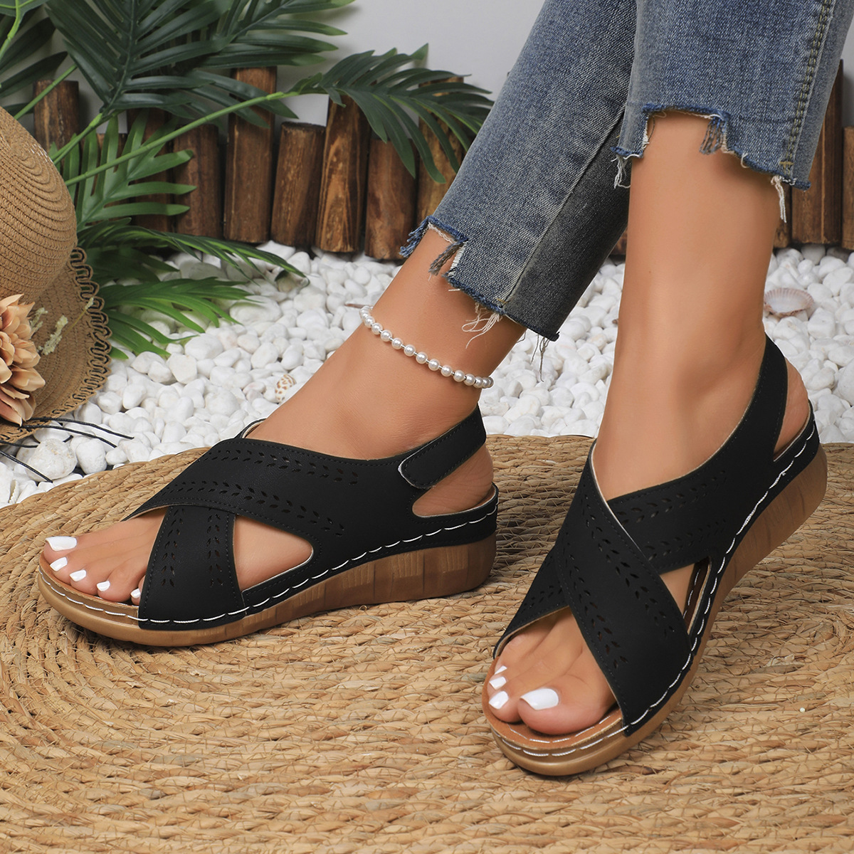 【36-43】 Sandale cu pană contrastante pentru femei Sandale confortabile cu curea la gleznă