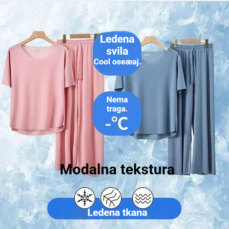 🌈🔥【Ljetni specijal】Dvodijelni set za dom: majica + hlače širokih nogavica❤️Visokokvalitetni i udobni svileni pamuk