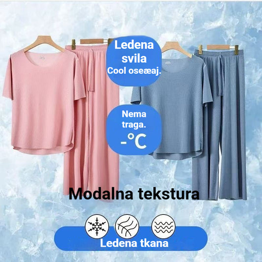 🌈🔥【Ljetni specijal】Dvodijelni set za dom: majica + hlače širokih nogavica❤️Visokokvalitetni i udobni svileni pamuk