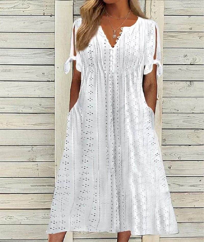 💞【S-3XL】Rochie la modă, lejeră, brodata cu talie înaltă, de culoare uni-3975670