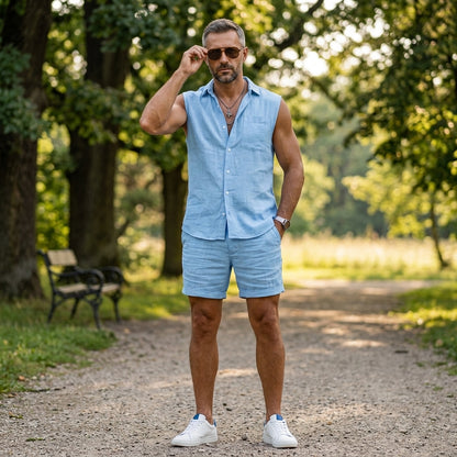 🔥【S-3XL】Muško ležerno sportsko odijelo (Cardcute + kratke hlače), ovratnik s reverom, stojeći ovratnik, imitacija pamuka i lana.