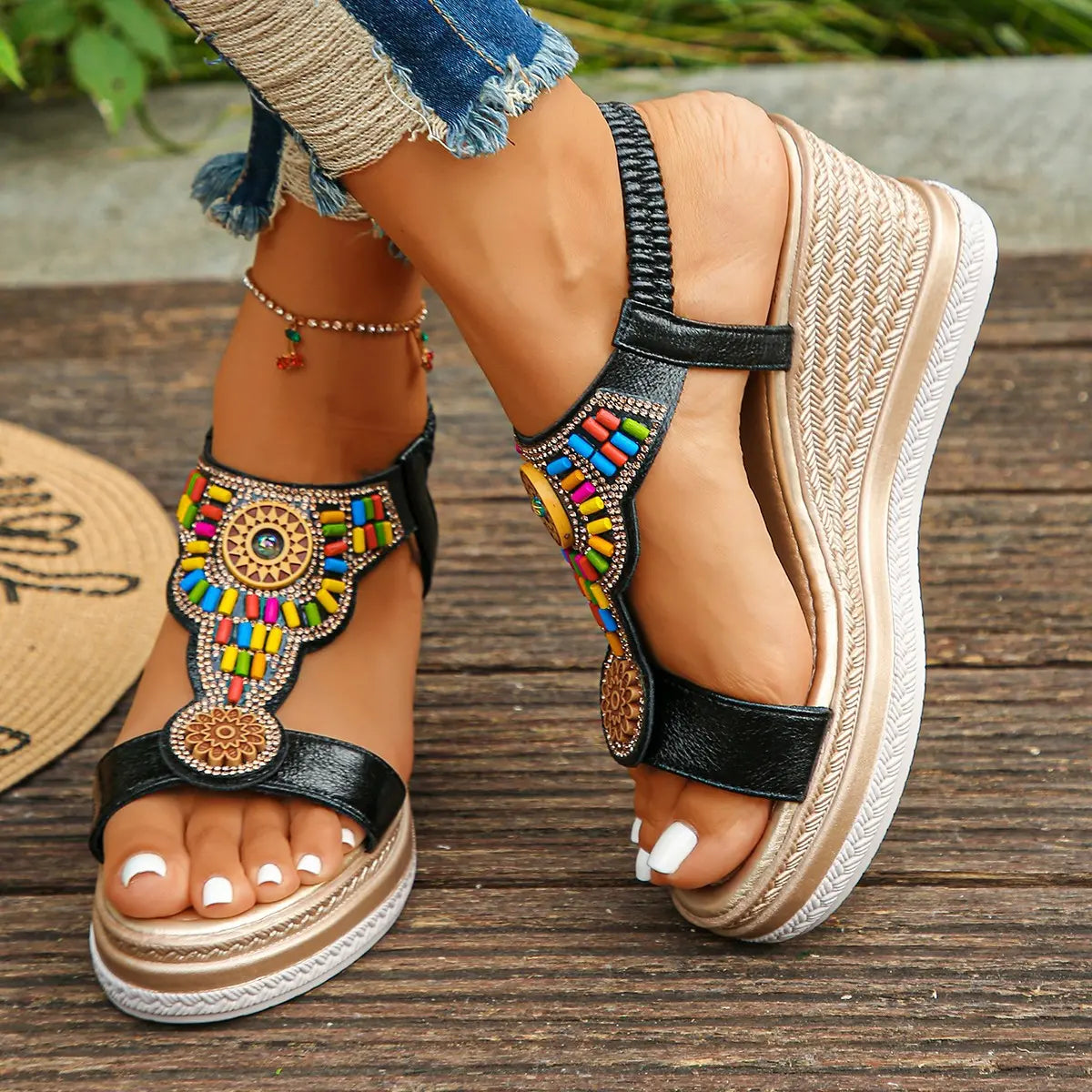 💖【Oferta por tiempo limitado】【35-43】✨Sandalias de piel para mujer con suela gruesa y banda elástica con abalorios, verano 2025 🔥 Envío gratis. ✅ Pago contra reembolso