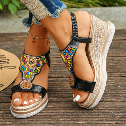 💖【Oferta por tiempo limitado】【35-43】✨Sandalias de piel para mujer con suela gruesa y banda elástica con abalorios, verano 2025 🔥 Envío gratis. ✅ Pago contra reembolso
