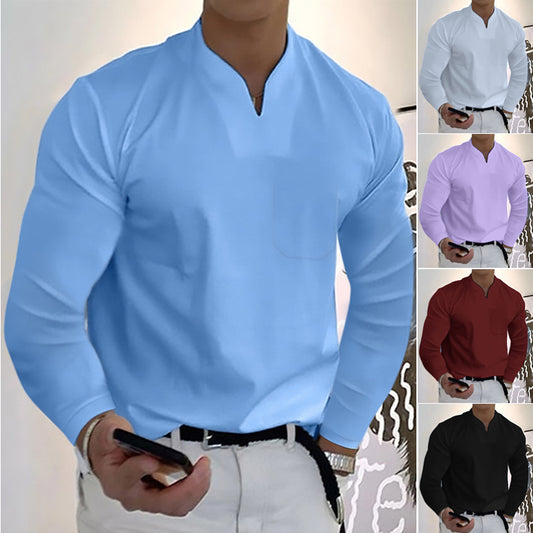 👔【Oferta de Anul Nou pe timp limitat】👔Noul tricou de vară din bumbac elastic cu decolteu în V pentru bărbați-3865718
