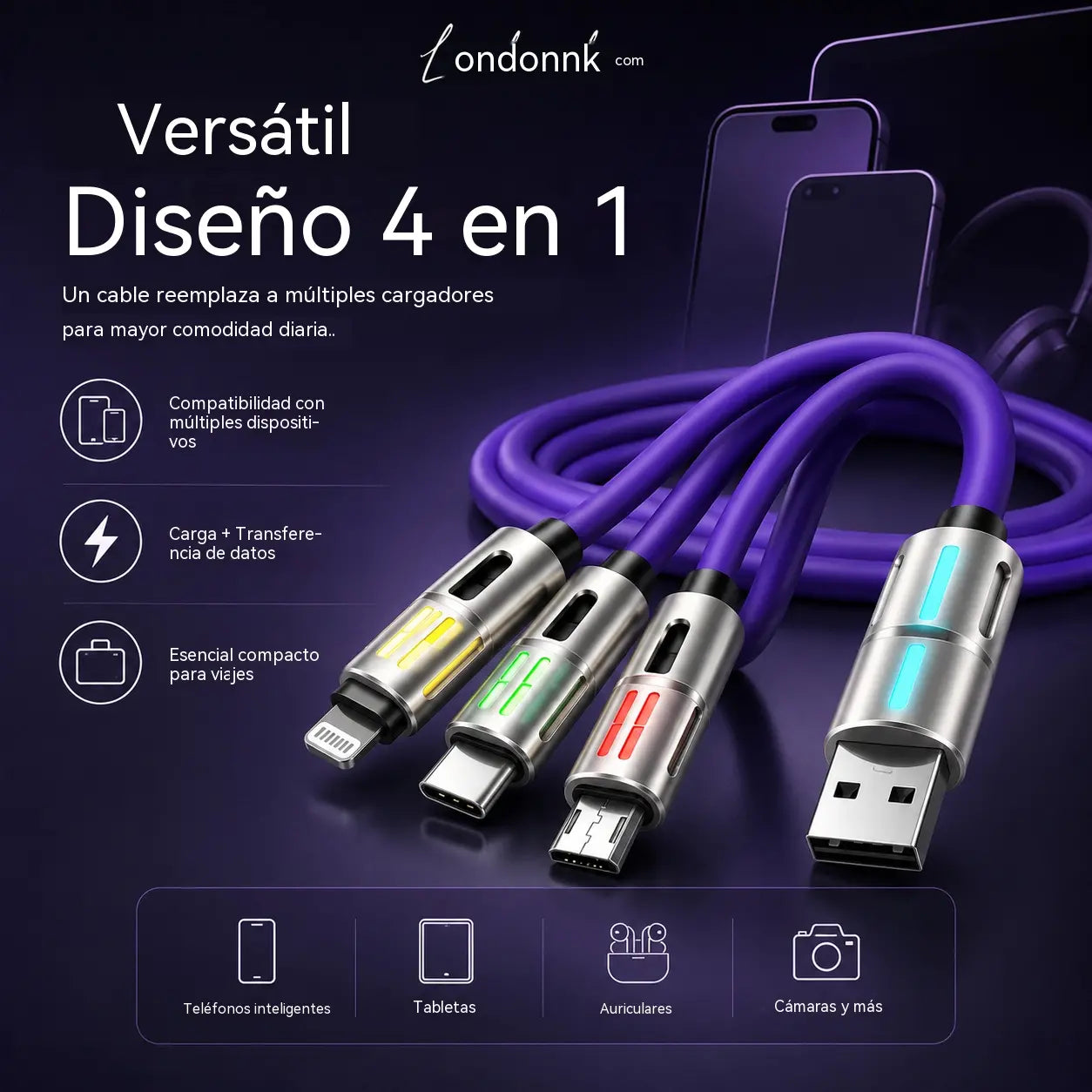 🔥Compra 1 y llévate 1 gratis 🔥Cable de carga LED 4 en 1⚡📱
