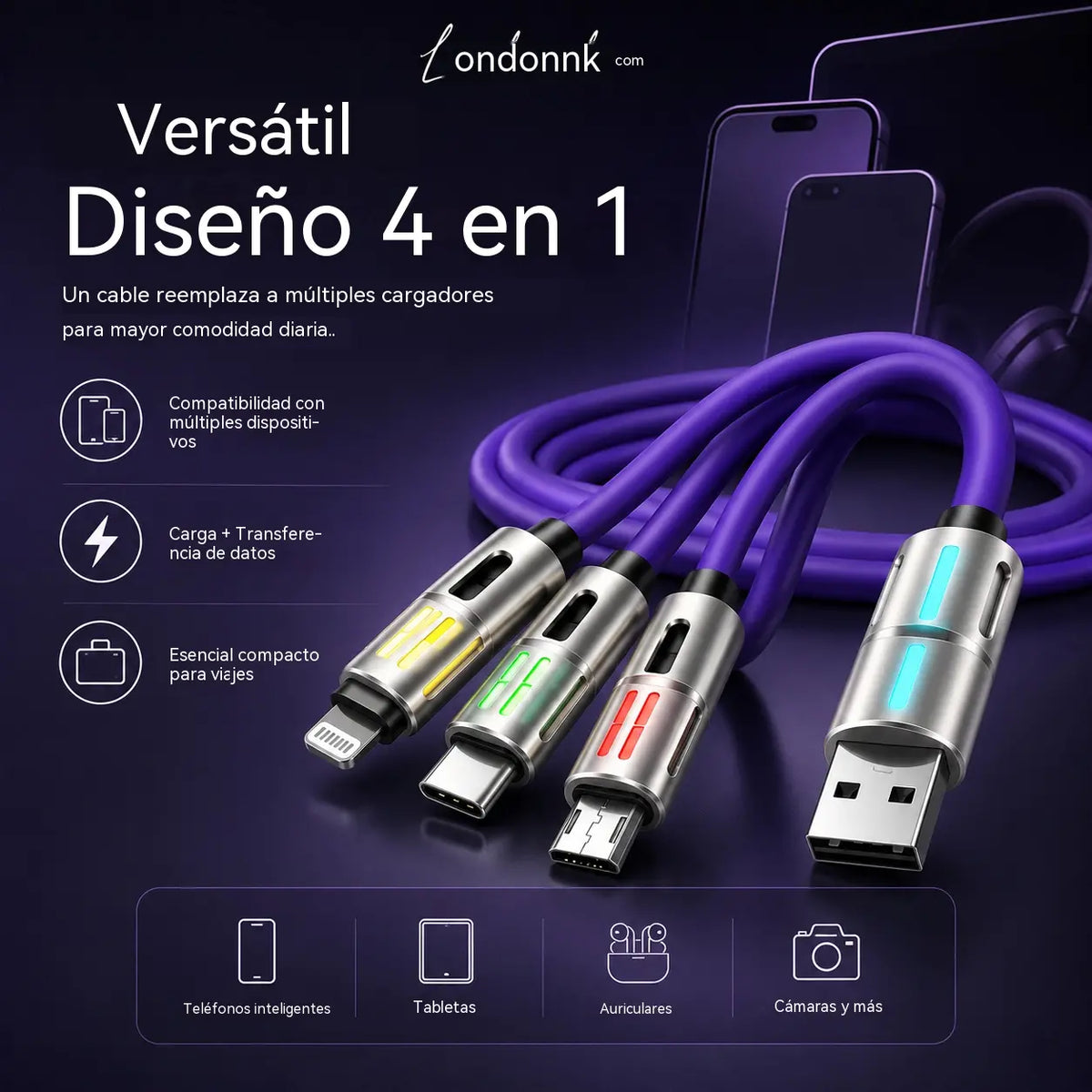 🔥Compra 1 y llévate 1 gratis 🔥Cable de carga LED 4 en 1⚡📱