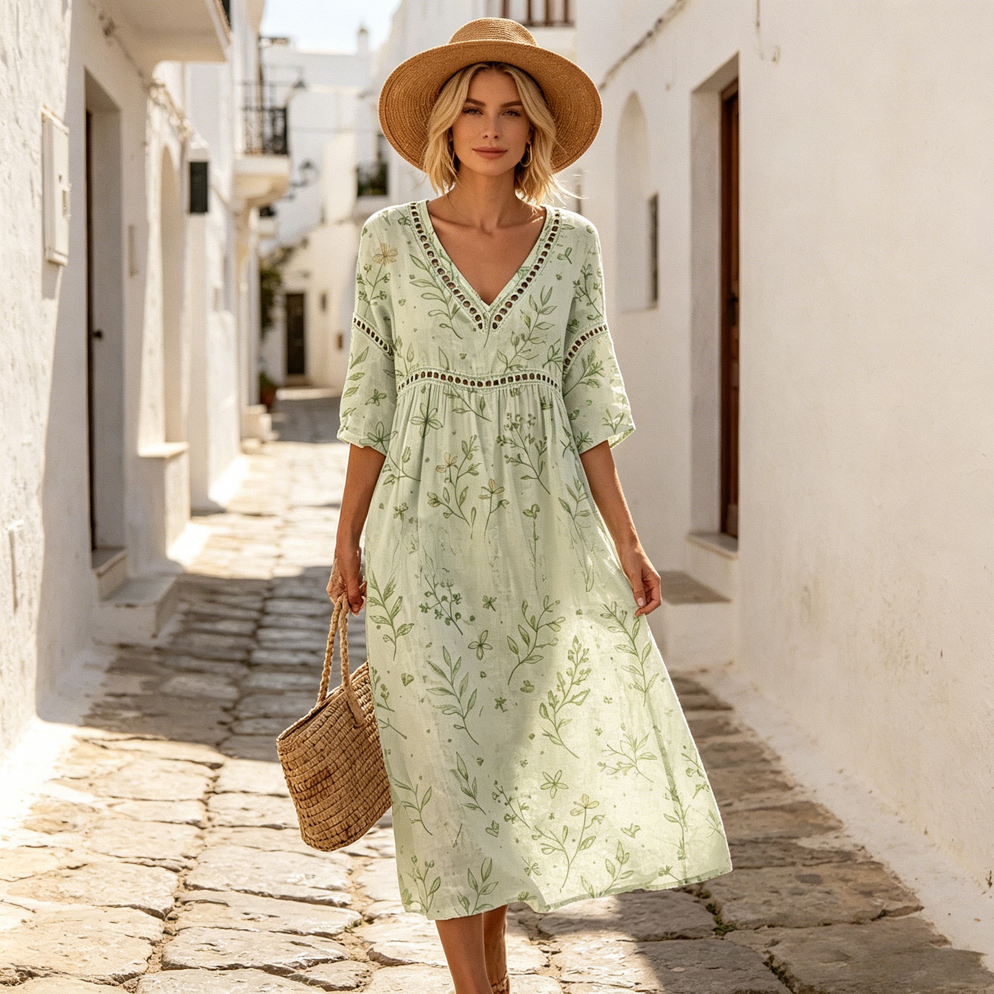 👗【S-3XL】Duga haljina od pamuka i lana s cvjetnim uzorkom u ljetnom stilu, V-izrez