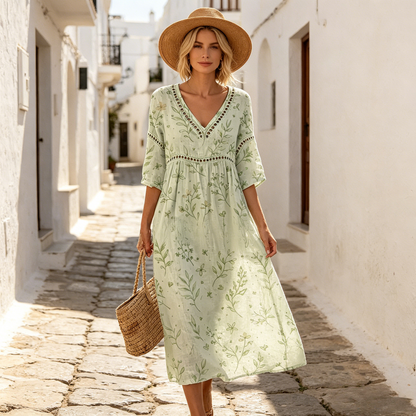 👗【S-3XL】Duga haljina od pamuka i lana s cvjetnim uzorkom u ljetnom stilu, V-izrez