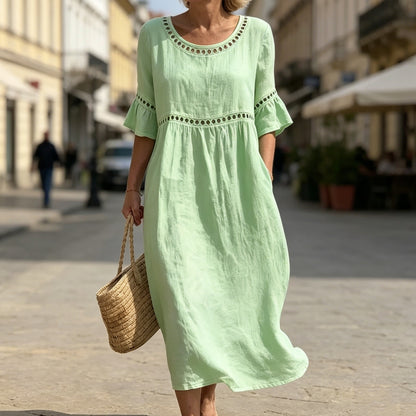 ✨【S–3XL】Dámske bavlnené ľanové šaty slim fit strihom, okrúhly výstrih, nafúknuté rukávy, priedušné a mäkké, pohodlné na nosenie