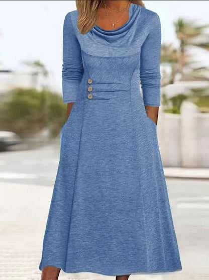 🔥【Vânzare fierbinte】【S-3XL】2025 rochie nouă cu gât rotund de culoare solidă, cu buzunare-3867024