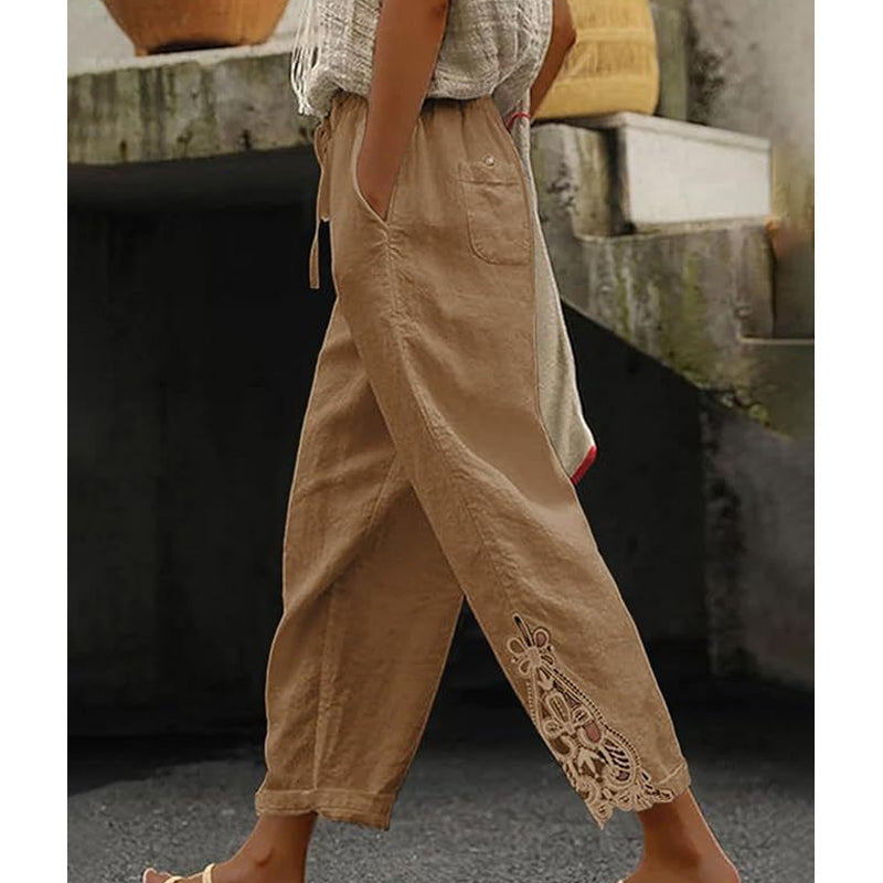 【Novi artikli s 50% popusta】👖✨ Ženske hlače ravnog kroja od pamuka i lana s detaljima od čipke i podesivim vezicom.
