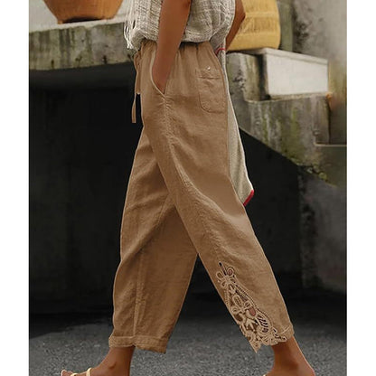 【Novi artikli s 50% popusta】👖✨ Ženske hlače ravnog kroja od pamuka i lana s detaljima od čipke i podesivim vezicom.