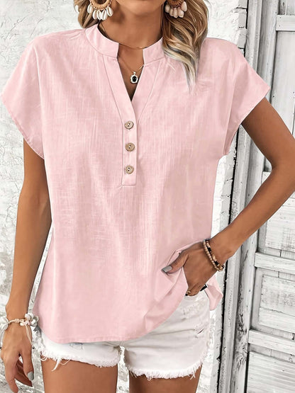 🎀💖【Novi dolasci 50% popusta samo 3 dana】👚2026 Nova ženska ležerna košulja kratkih rukava s V-izrezom i kopčanjem na gumbe, pamučno-lanenasti gornji dio u jednoj boji