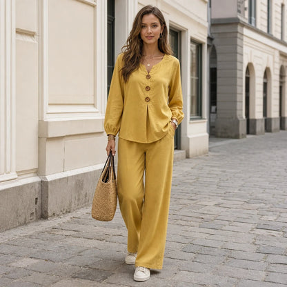 【Oferta limitada al 50%】Nuevo conjunto de mujer de dos piezas: blusa y pantalón con volantes, botones y escote en V
