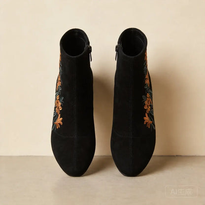 🥰🥰【35-40】Ženske čizme s okruglim vrhom, debelom petom i vezenim četkanim detaljima（5cm）